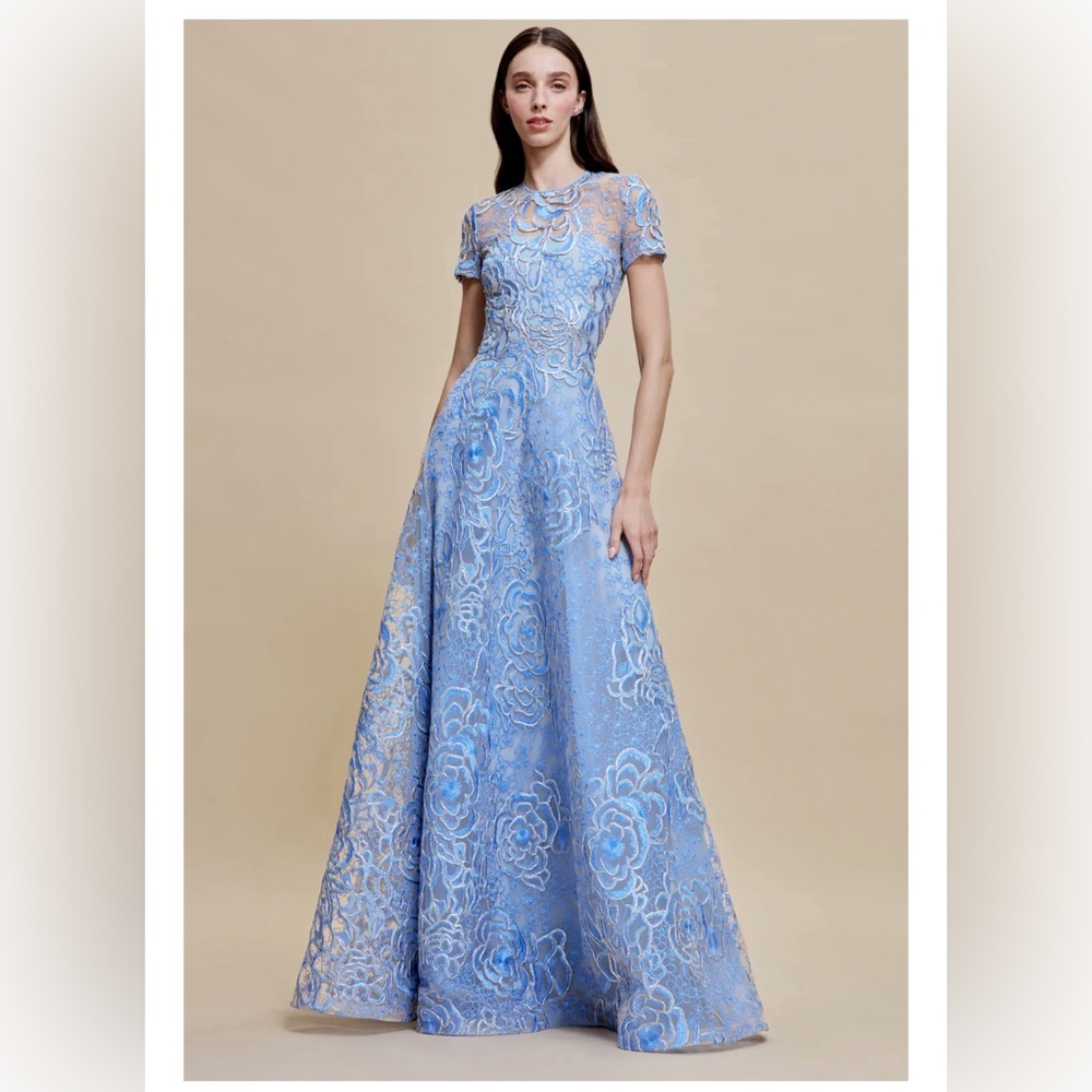 2025 Naeem Khan Floral Raffia Jewel Neck Full Skirt Gown with Cap Sleeves Size 4